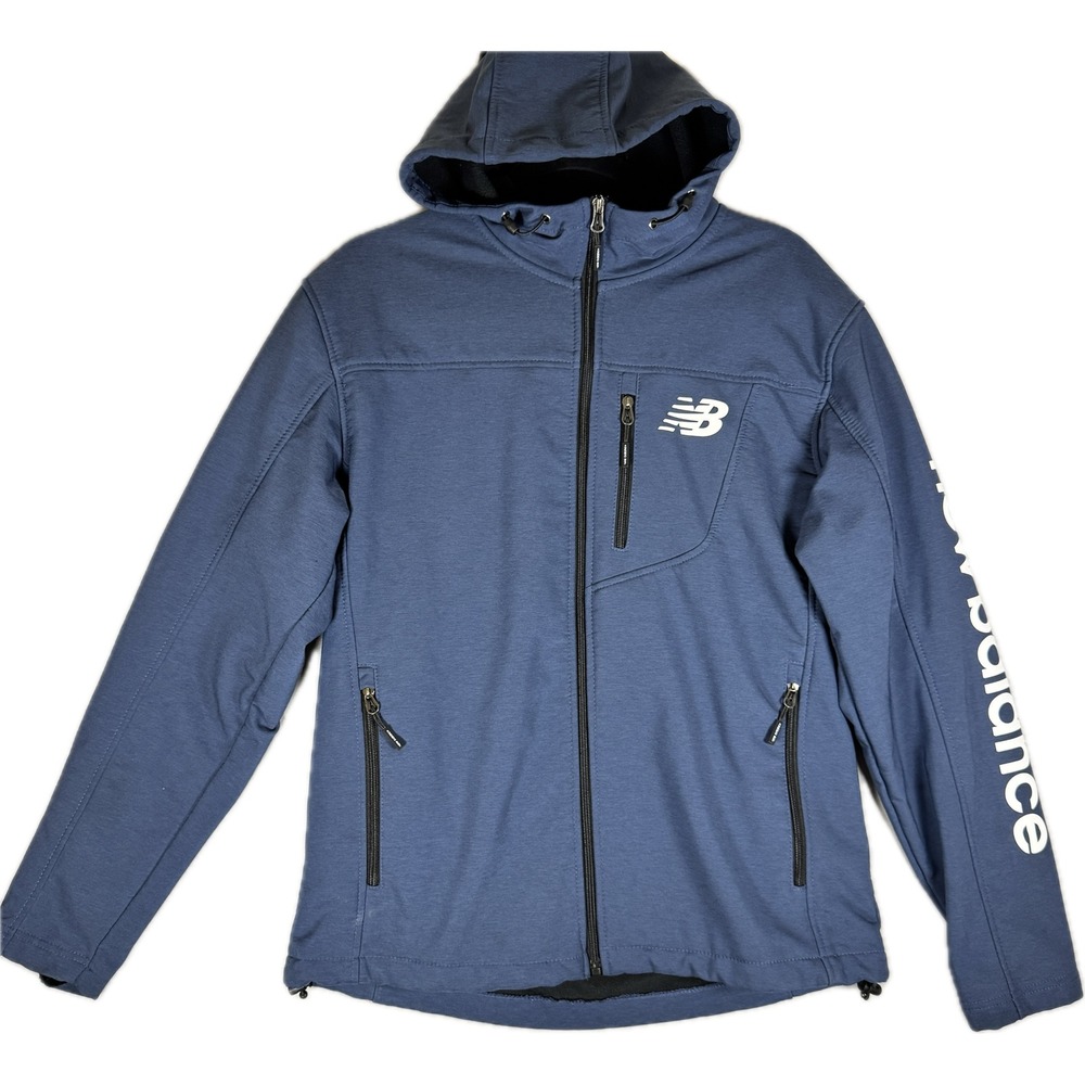 New Balance Softshell Jacket Men Size M Blue Hooded Fleece Lined Full Zip